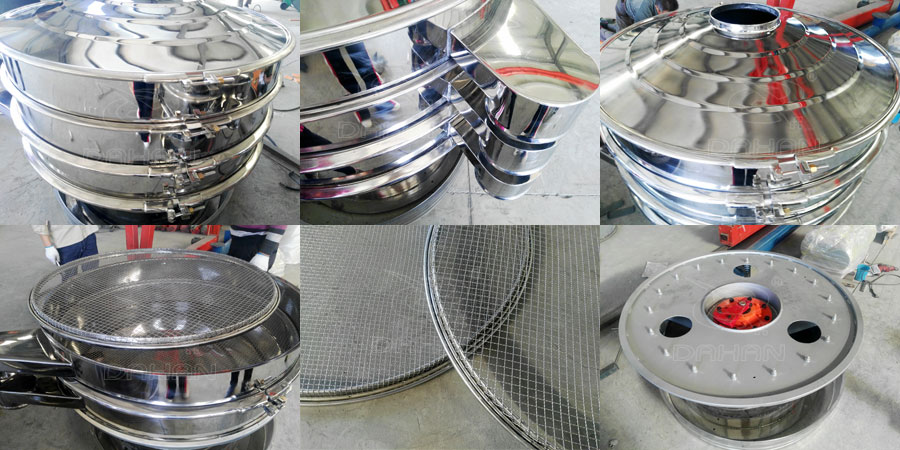 紅薯淀粉振動篩細(xì)節(jié)展示：鎖緊扣，出料口，防塵蓋，網(wǎng)架，篩網(wǎng)，振動底座。