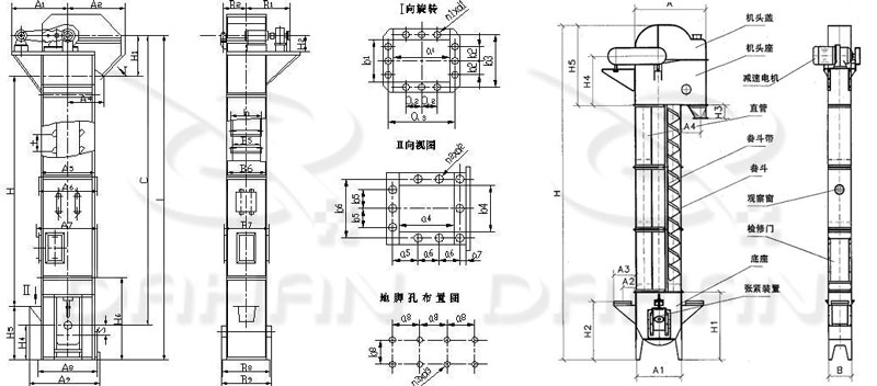 TD/D型斗式提升機(jī)基本結(jié)構(gòu):機(jī)頭蓋，機(jī)頭座，減速電機(jī)，直管，底座，緊張裝置等。