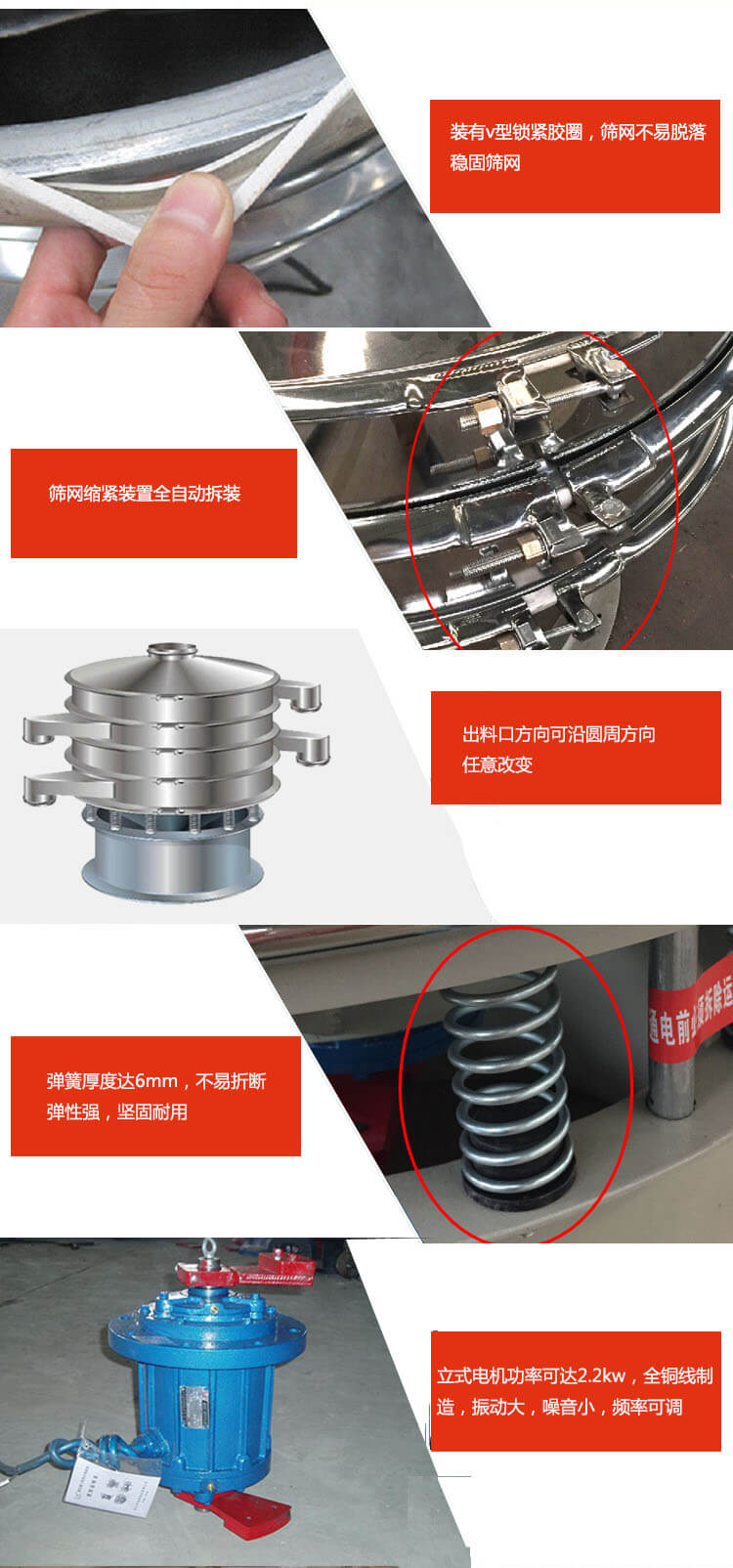 裝有V型鎖緊膠圈，使篩網(wǎng)不易脫落穩(wěn)固篩網(wǎng)，篩網(wǎng)鎖緊裝置，全自動拆裝，出料口方向可沿圓周方向任意改變。彈簧厚度達6mm，不易折斷，彈性強，堅固耐用。專業(yè)的振動電機，全銅線制造，振動大，機械噪音小，頻率可調(diào)。產(chǎn)品對比:材質(zhì)：大漢振動篩廠家采用304不銹鋼材質(zhì)耐腐蝕性，耐熱性強。個別廠家采用其它金屬材質(zhì)，耐腐蝕性，耐熱性差蒸發(fā)緩慢，烘干效率較低。大漢振動篩廠家采用金屬編織網(wǎng)，篩分精度高，效率高，篩網(wǎng)利用率高。