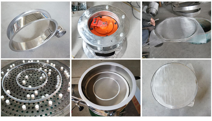 不銹鋼小型振動(dòng)篩細(xì)節(jié)：振動(dòng)篩篩框，振動(dòng)電機(jī)座，篩網(wǎng)，彈跳球，密封圈，篩網(wǎng)網(wǎng)架。