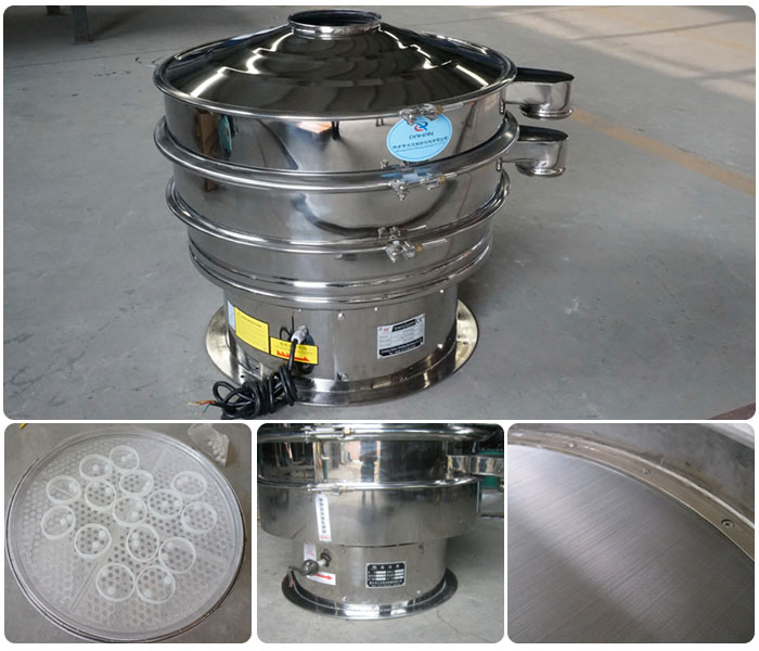 1000型全不銹鋼振動篩細(xì)節(jié)展示：振動篩網(wǎng)，震動篩底座，振動篩篩網(wǎng)。