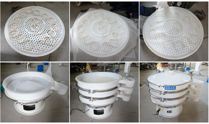 安裝塑料網(wǎng)架的空心U形網(wǎng)架,安裝清網(wǎng)裝置(擋球環(huán)和彈跳球),細(xì)網(wǎng)安裝到網(wǎng)架和清網(wǎng)裝置上面;安裝底框,將裝好的網(wǎng)架放到地框上再放一層篩框,安裝束環(huán)與防塵蓋,雙層塑料振動(dòng)篩安裝完畢