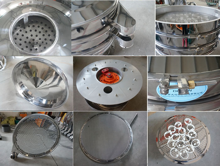 里外剖光振動篩細(xì)節(jié)：防塵蓋拋光效果，篩框拋光效果，振動篩底座拋光效果，振動篩網(wǎng)架拋光效果等。