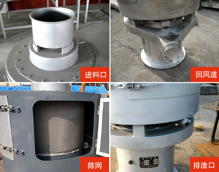 氣流篩分機進料口，回風道，篩網(wǎng)，排渣口。