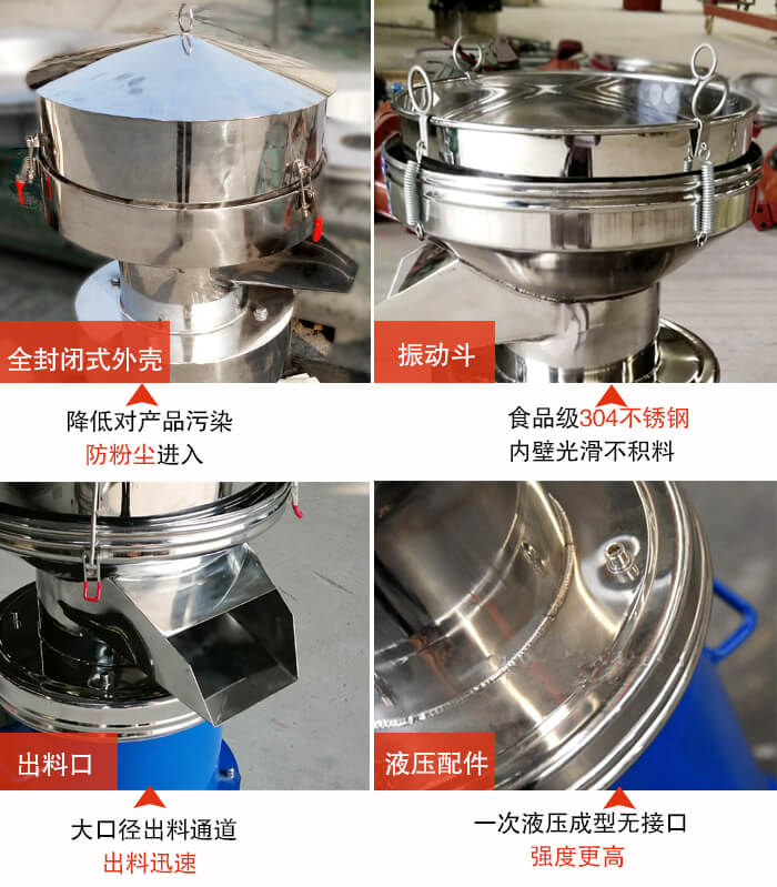450過濾篩機(jī)結(jié)構(gòu)組成：全封閉式外殼設(shè)計：對產(chǎn)品的污染低，防塵粉進(jìn)入電機(jī)內(nèi)部延長設(shè)備壽命。振動斗：食品304不銹鋼篩斗，內(nèi)壁光滑不存在積料現(xiàn)象。出料口，大口徑出料通道，出料迅速，提高工作效率。液壓配件：一次液壓成型無接口強(qiáng)度更高。