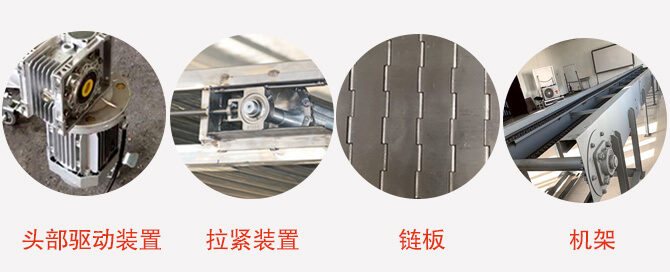 鏈板輸送機(jī)結(jié)構(gòu)：頭部驅(qū)動裝置，拉緊裝置，鏈板，機(jī)架等圖片展示