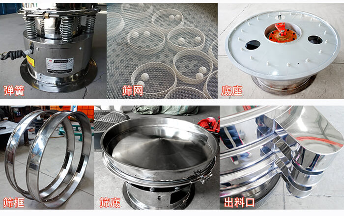 細(xì)節(jié)展示：篩框，篩網(wǎng)，振動底座，振動體，出料口。