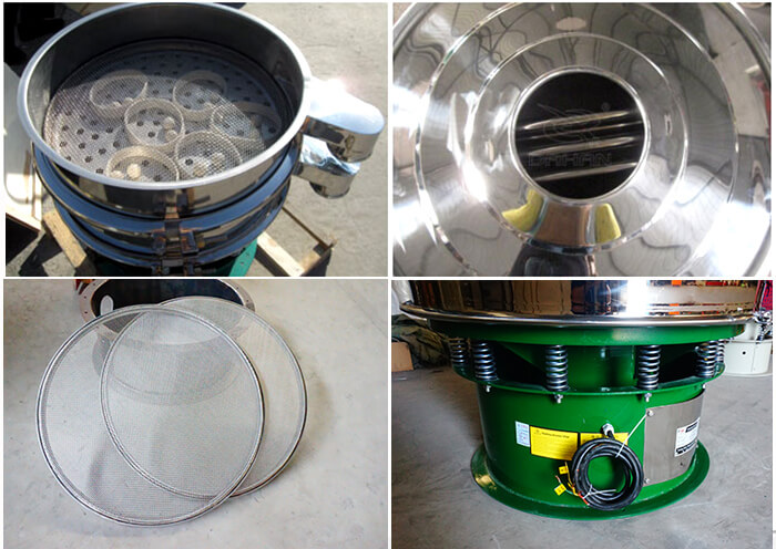 單層振動篩細節：篩網，進料口，振動彈簧，彈跳球。